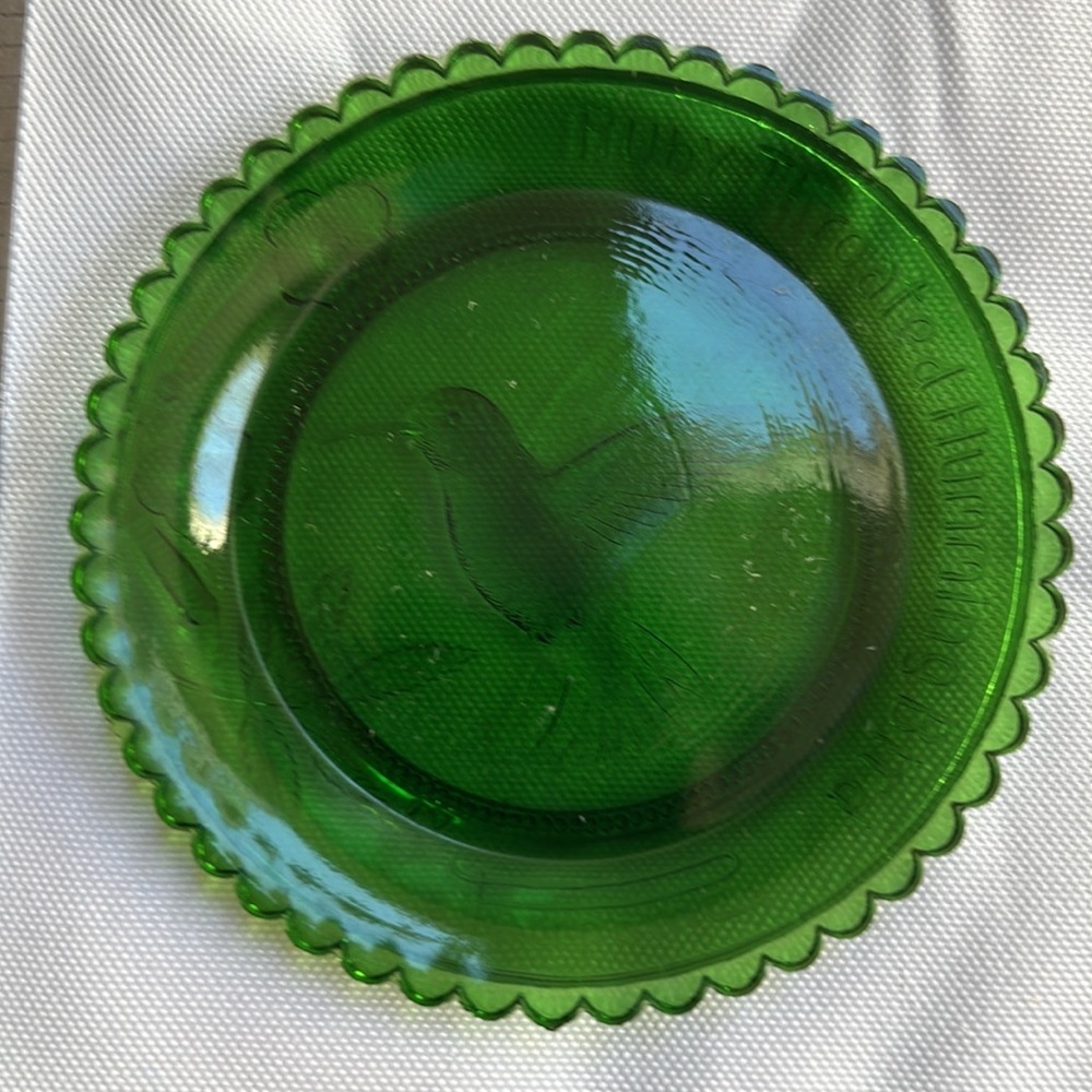 Vintage Pairpoint Ruby Throated Hummingbird Green Glass Cup Plate